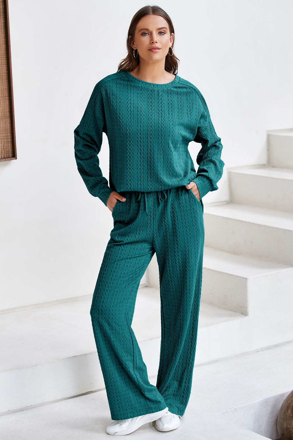 Sea Green Textured Round Neck Sweatshirt & Loose Drawstring High Waist Pant Set