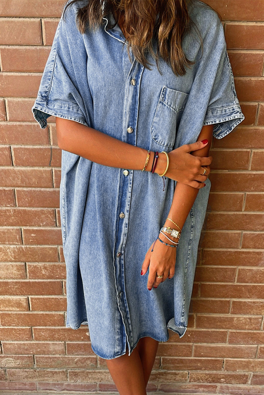 Light Blue Loose Medium Wash Short Sleeve Shirt Chambray Dress