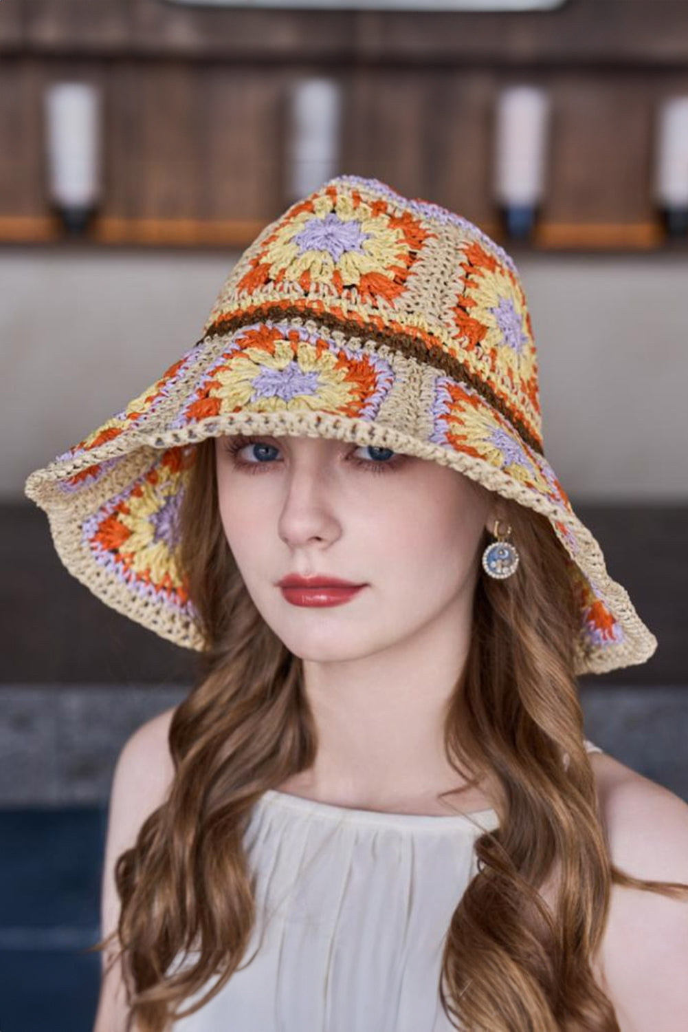 Beige Boho Flower Crochet Wide Brim Buckle Hat