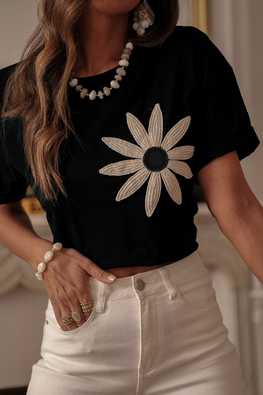 Black Contrast Crochet Floral Graphic Drop Shoulder Loose Tee