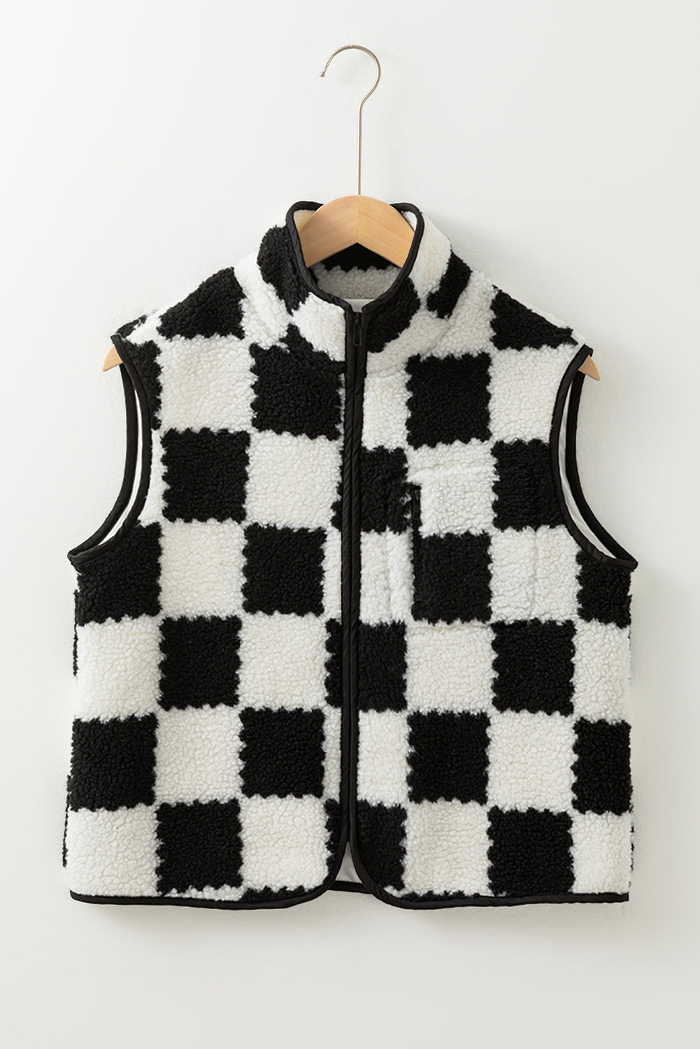 Black Checkered Sherpa Collared Jacket Vest