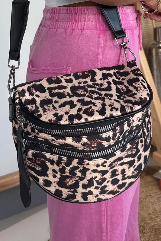 Coffee Camouflage Print Gold Chain Strap Double Zipper Crossbody Bag