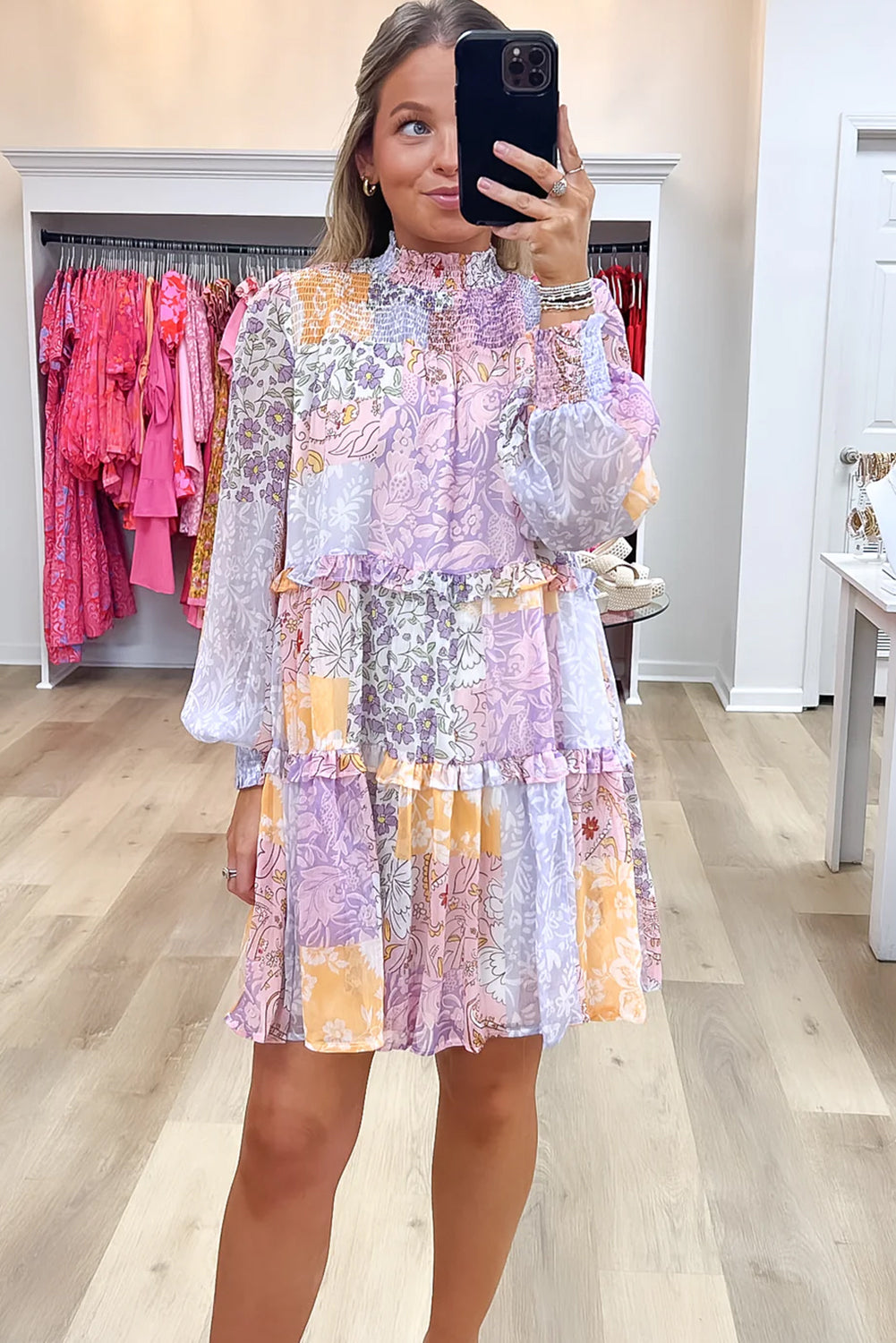 Multicolour Floral Smocked Mock Neck Ruffled Tiered Bubble Sleeve Dress