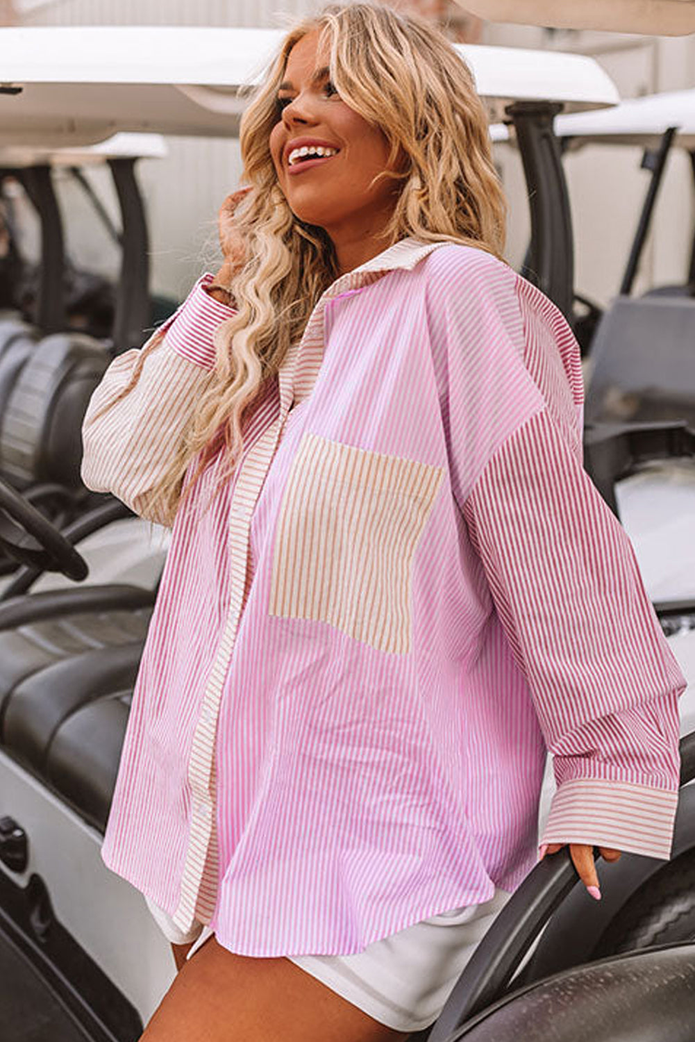 Pink Stripe Print Colorblock Plus Size Shirt