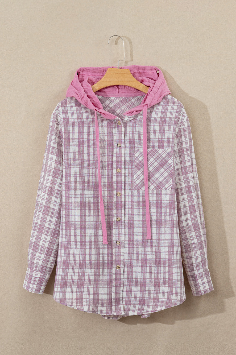 Pink Checkered Print Loose Fit Buttoned Hooded Shacket