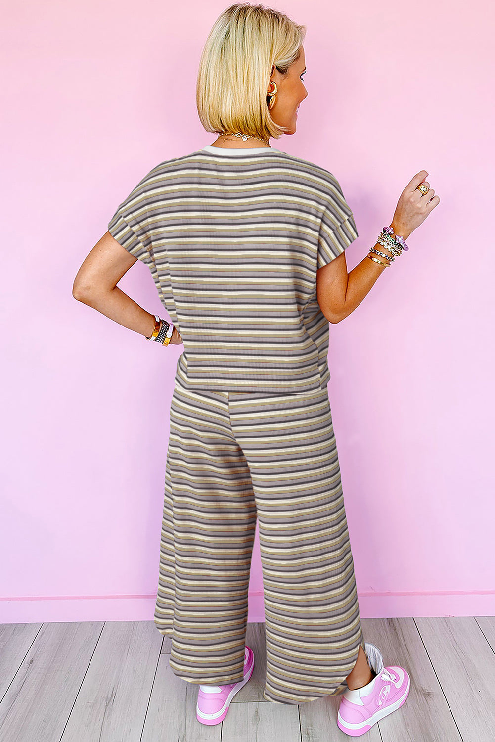 Black Stripe Rainbow Tee Tasseled String Wide Leg Pants Set