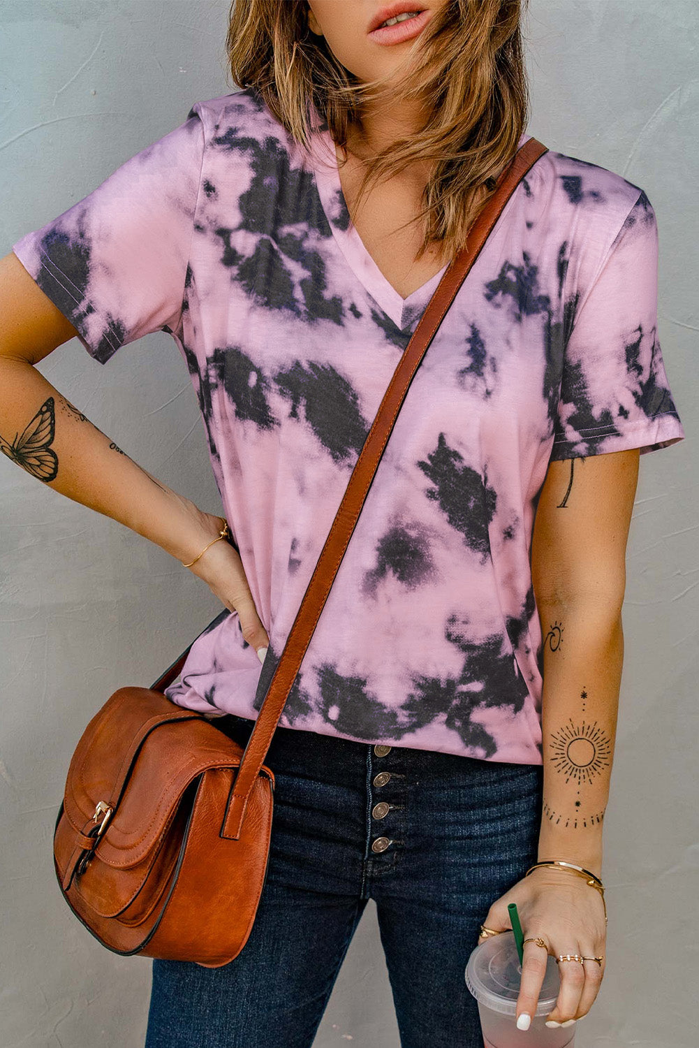 Purple Tie-dye V Neck T-shirt