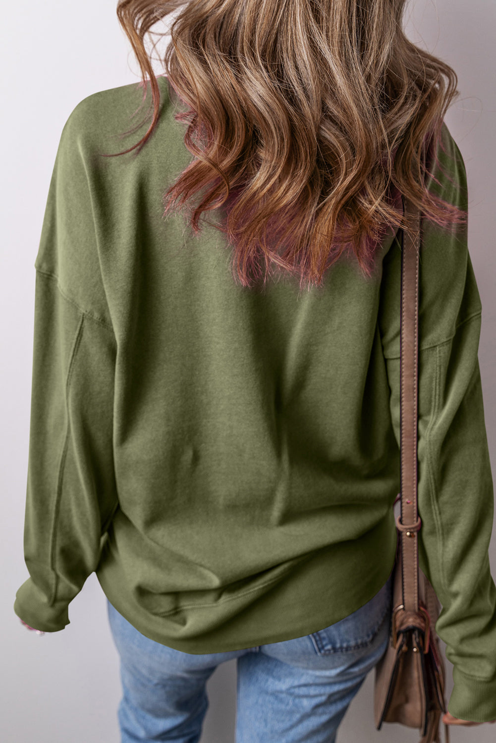 Vineyard Green Drop Shoulder Crisscross Stitching Pocketed Loose Sweatshirt