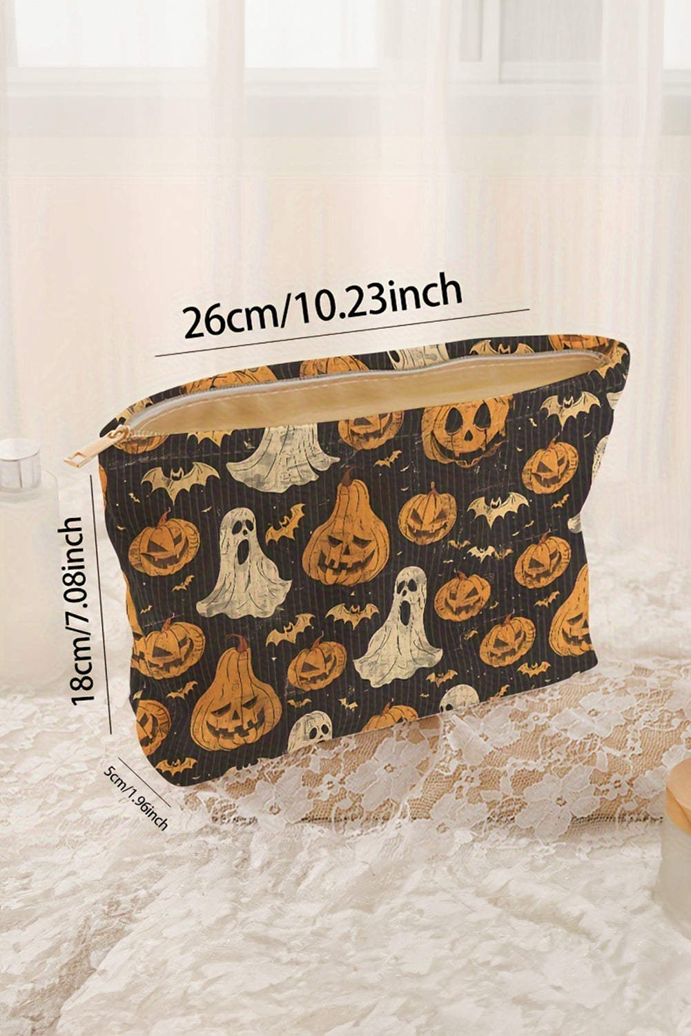 Black Striped Halloween Pumpkin Ghost Printed Makeup Bag