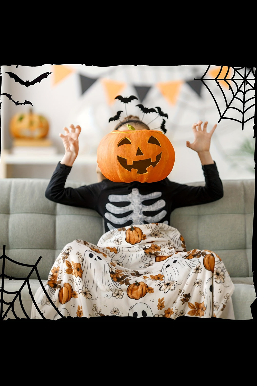 Orange Halloween Ghost Pumpkin Print Fleece Throw Blanket