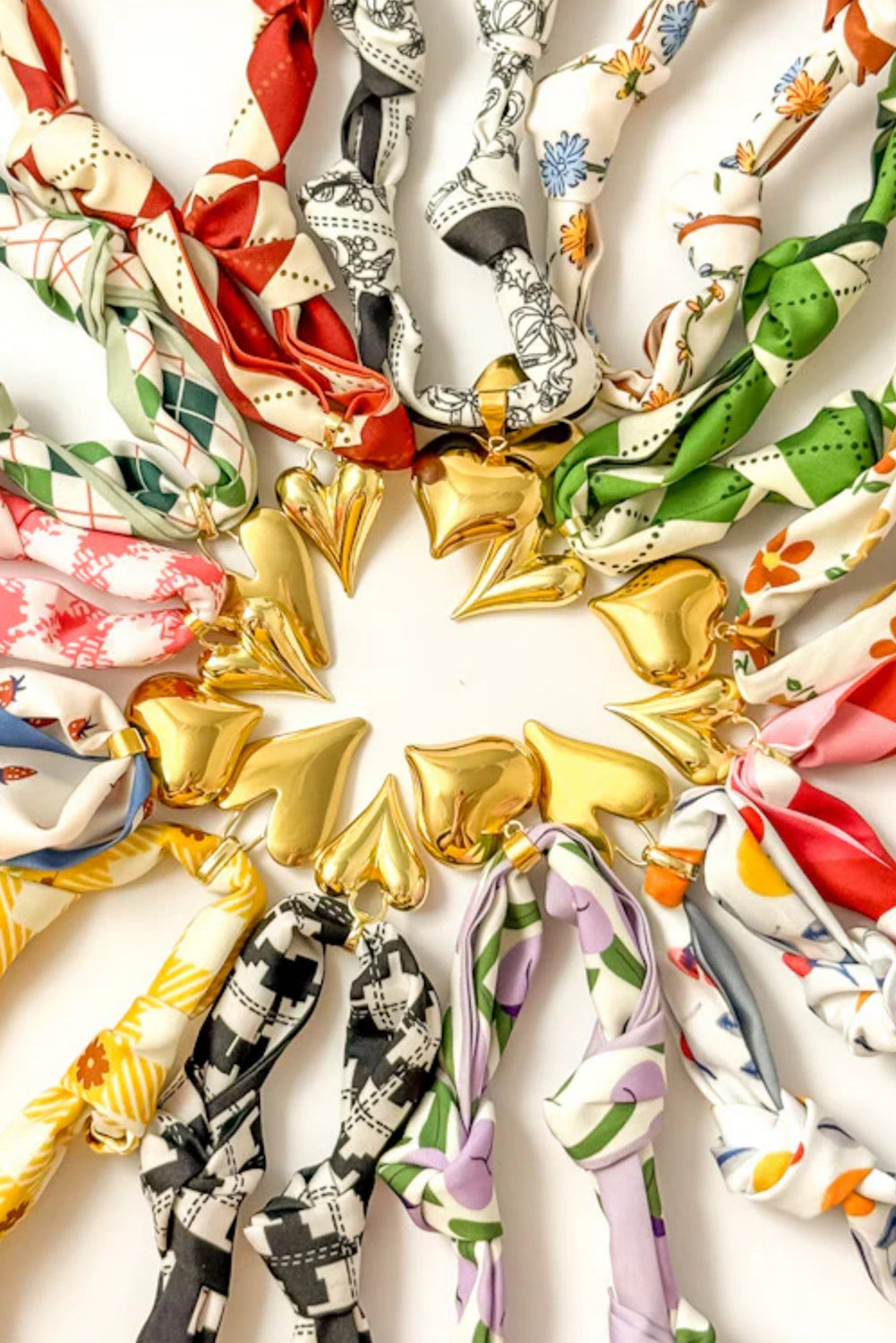 White Floral Print Scarf Knotted Gold Heart Charm Necklace