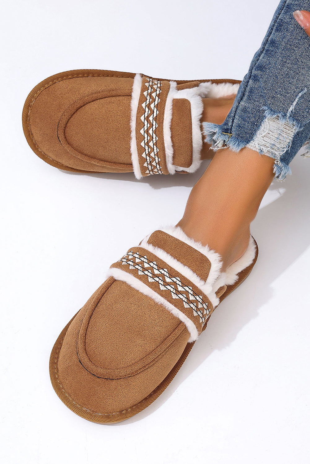 Chestnut Suede Wavy Striped Plush Lined Slippers