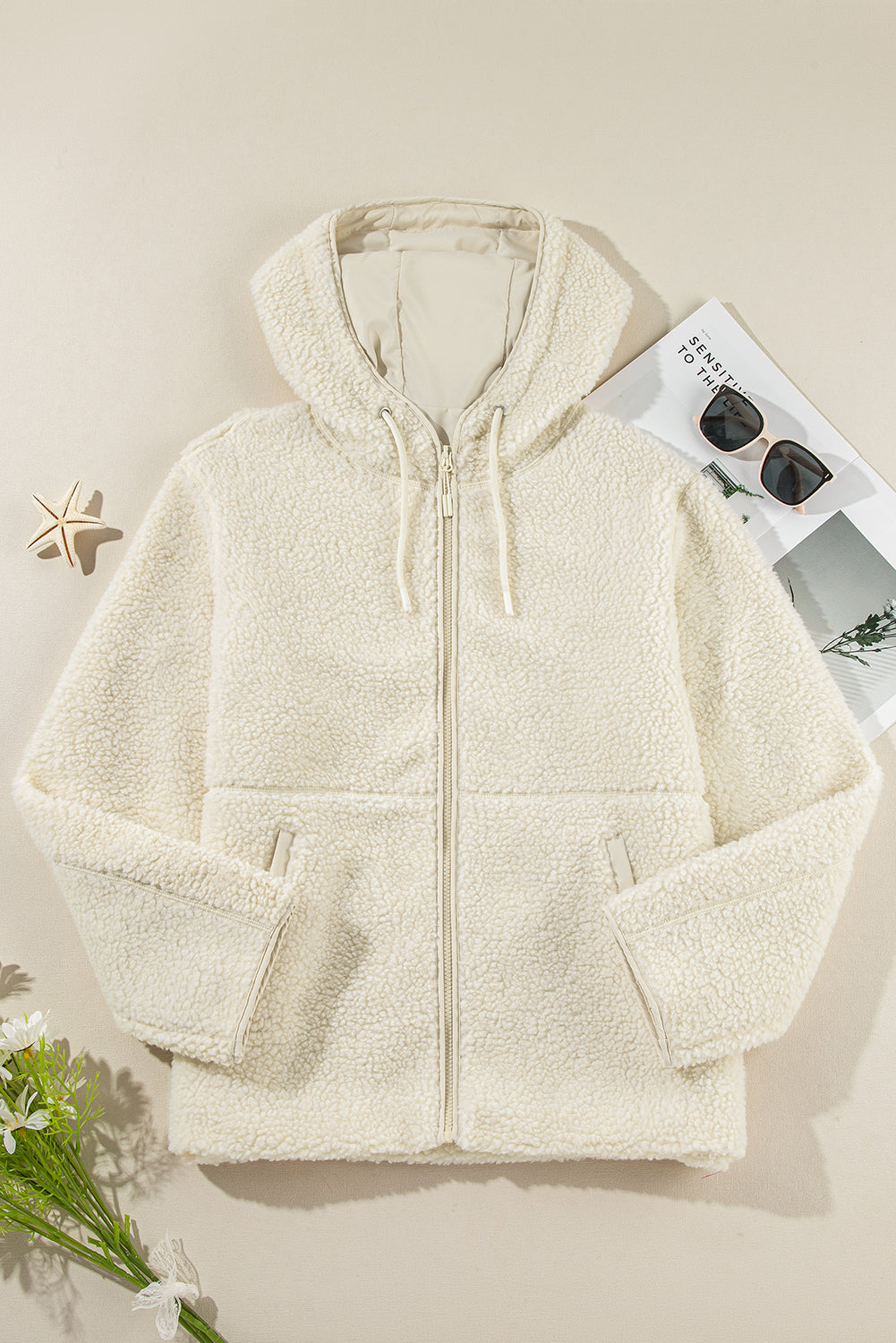 Beige Fleece Zip Up Drawstring Hooded Pocketed Jacket