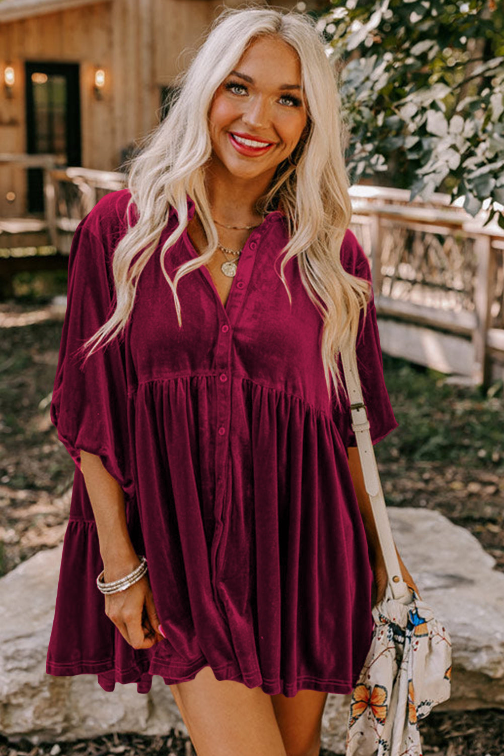 Burgundy 3/4 Sleeve Tunic Babydoll Velvet Shirt
