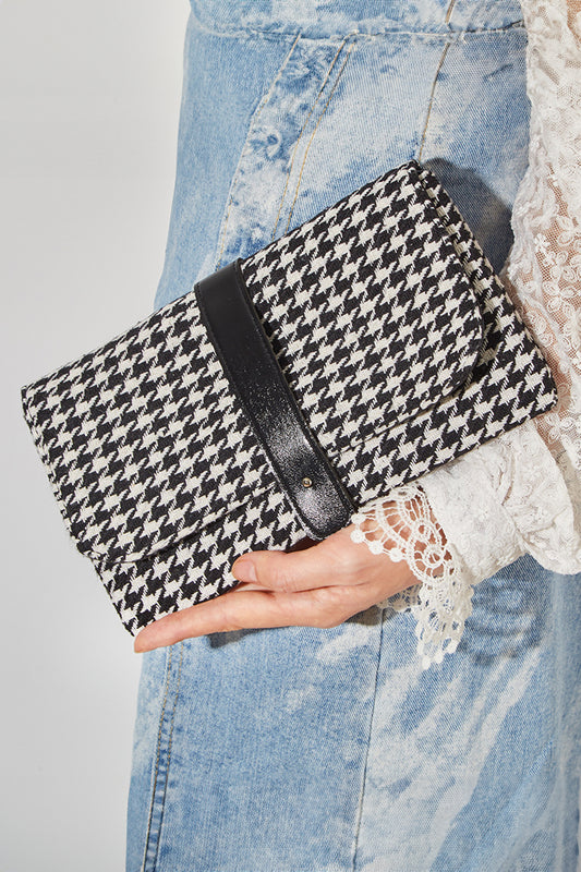 Black Houndstooth Print PU Leather Tab Patchwork Wallet Clutch Bag