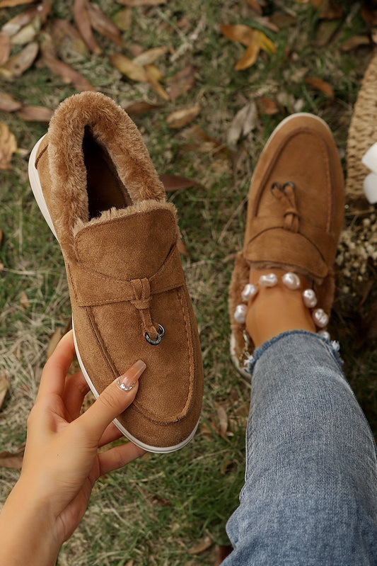 Chestnut Suede Furry Lined Slip on Flat Shoes