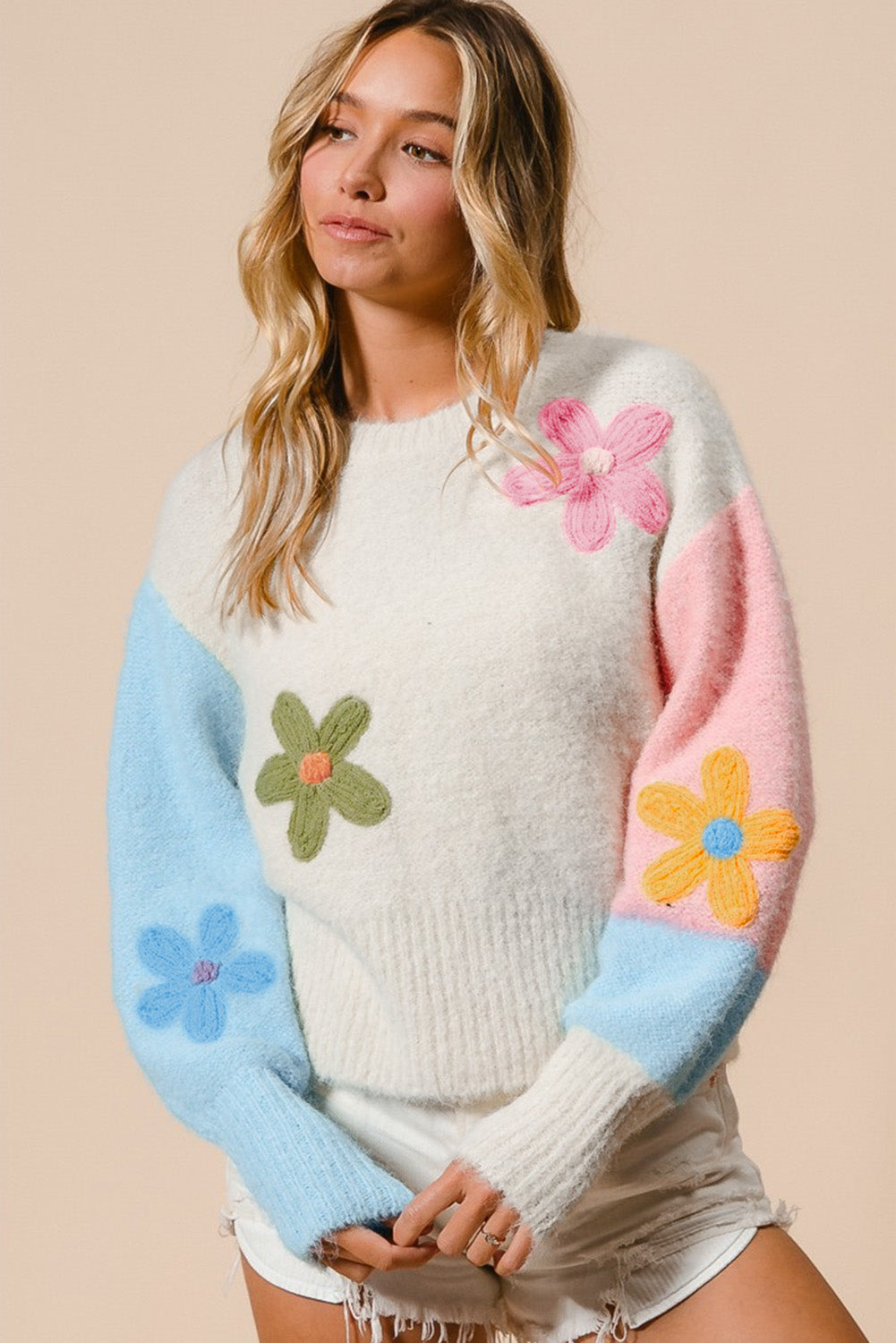 Multicolour Floral Embroidered Colorblock Fuzzy Drop Shoulder Sweater