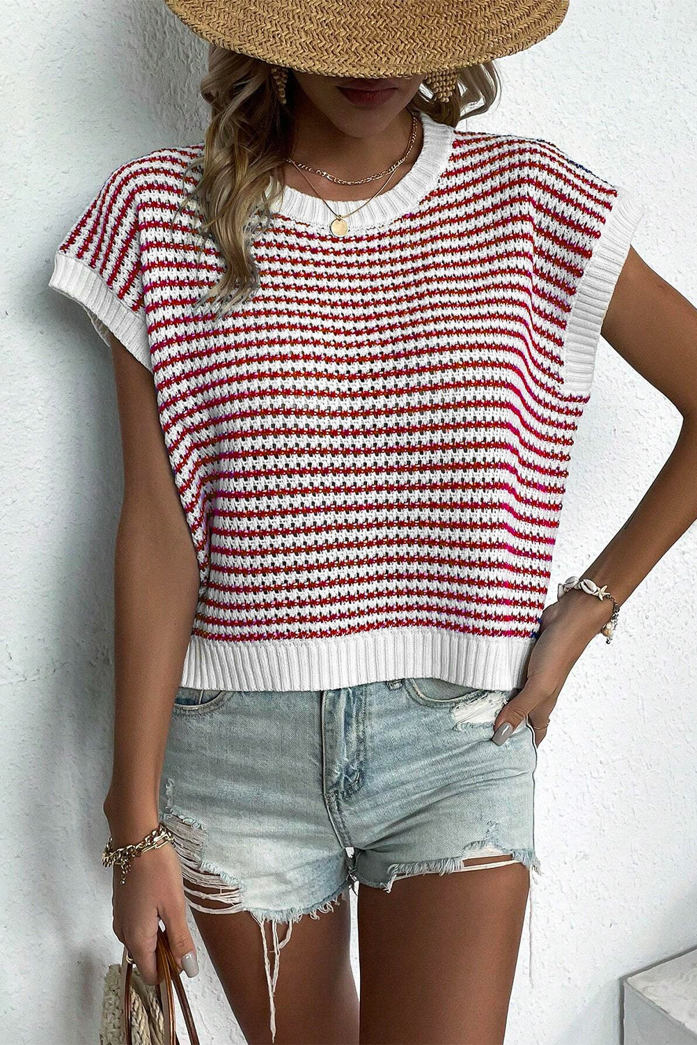 Red Stripe Ribbed Trim Loose Fit Knitted Sweater Vest