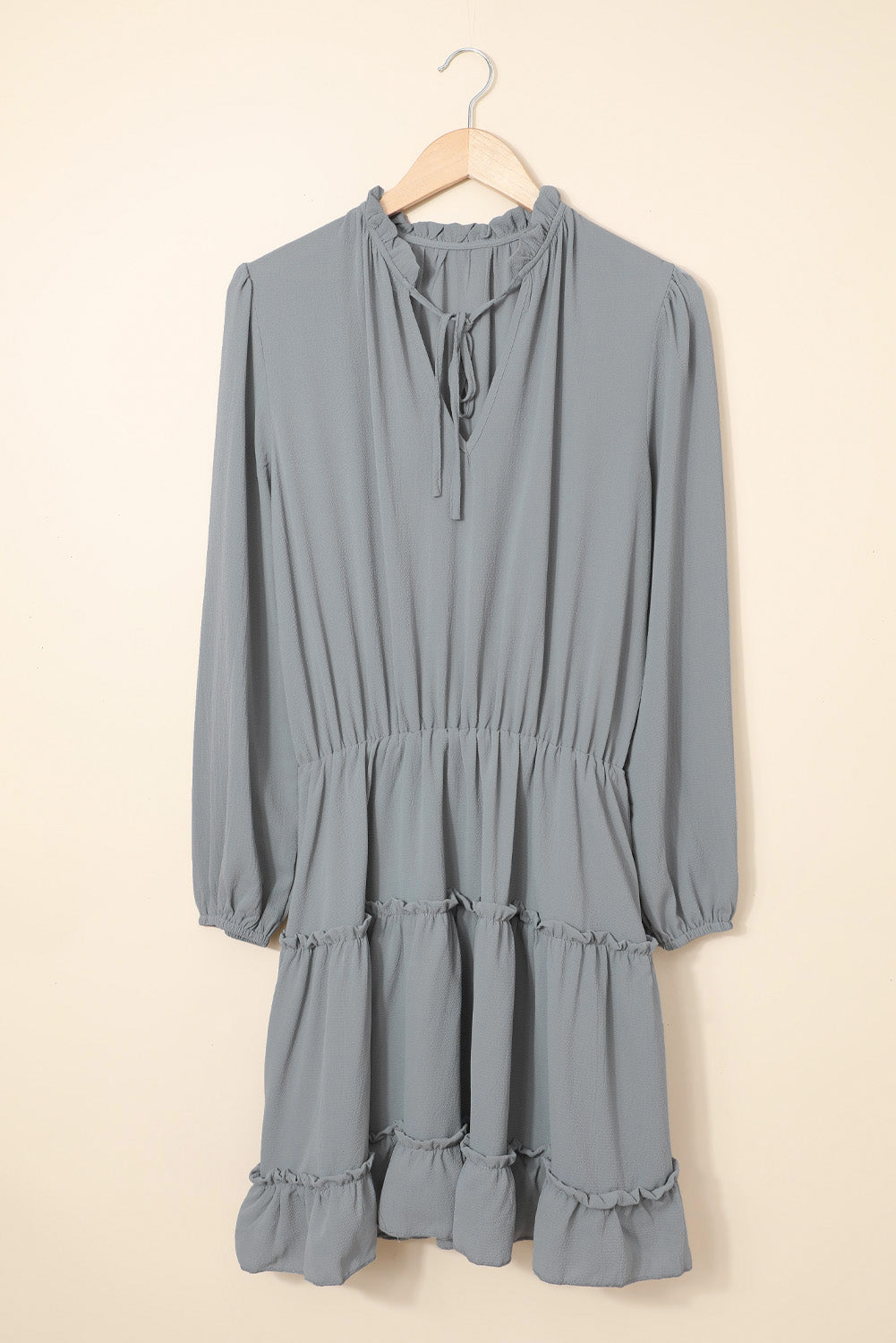 Gray V Neck Long Sleeve Ruffle Tiered Mini Dress