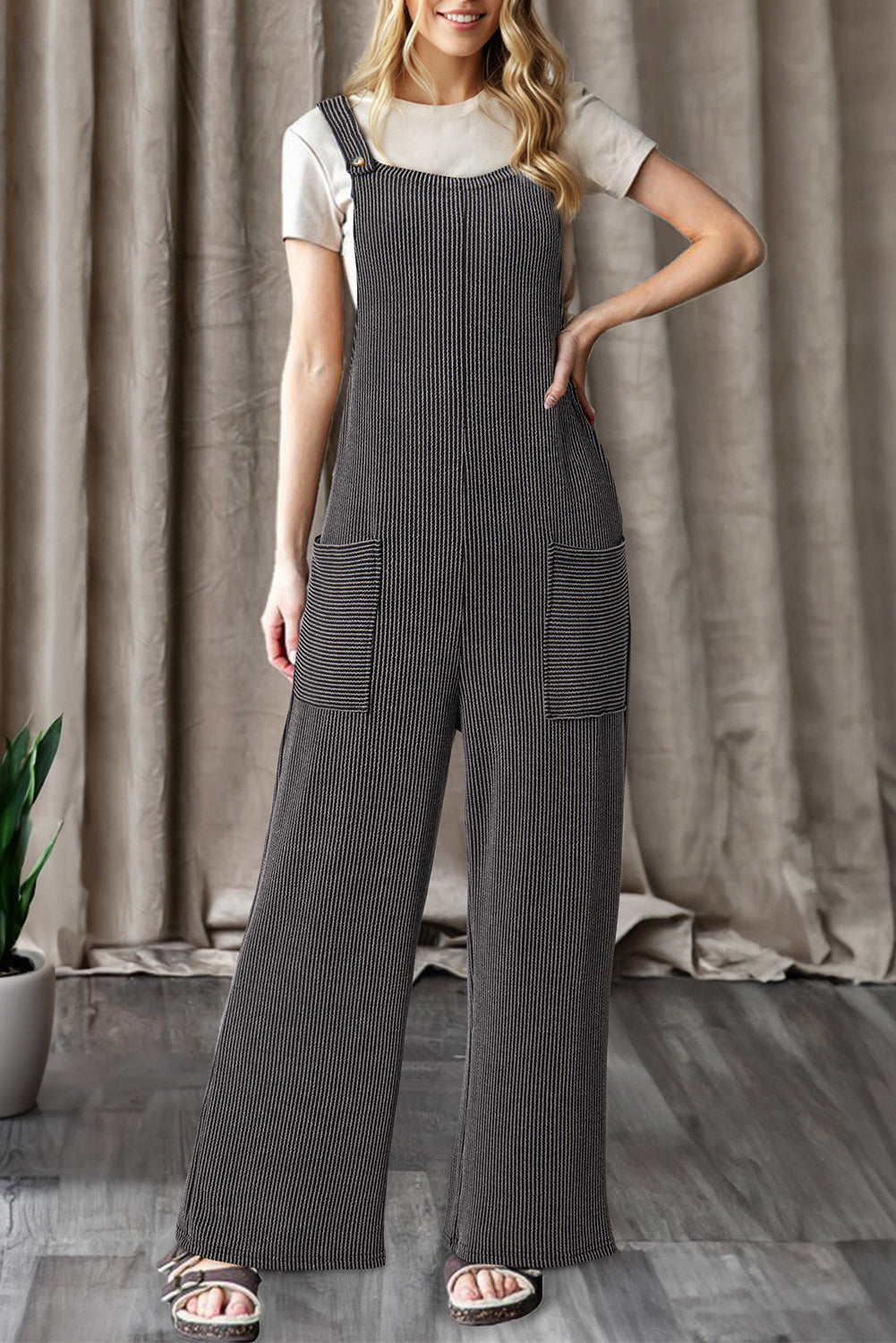 Carbon Grey Ribbed Knit Patched Pocket Wide Leg Overalls – Emmeline's ...