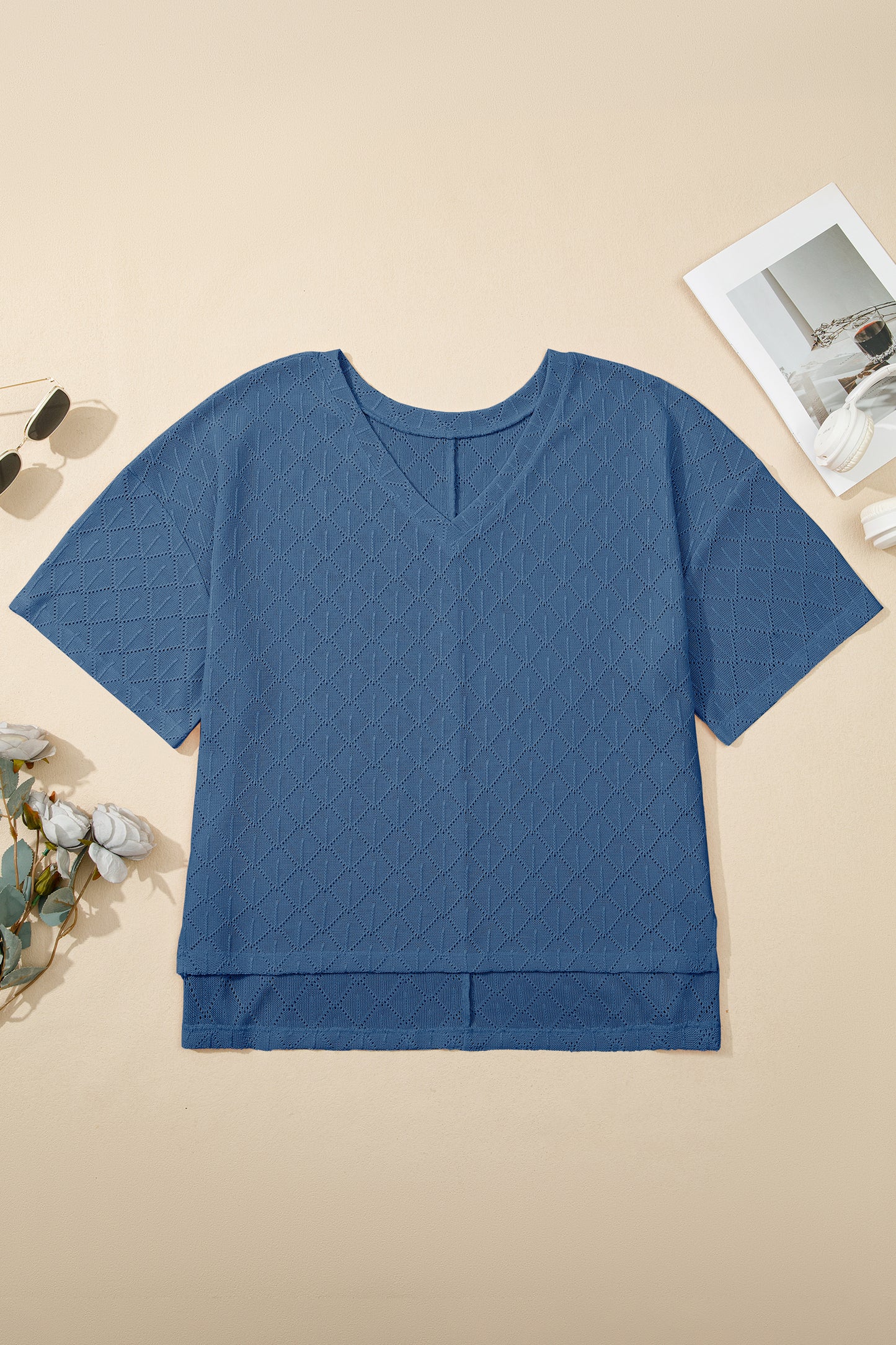 Sky Blue Pointelle Rhombus Knit Plus Size V Neck Loose Top
