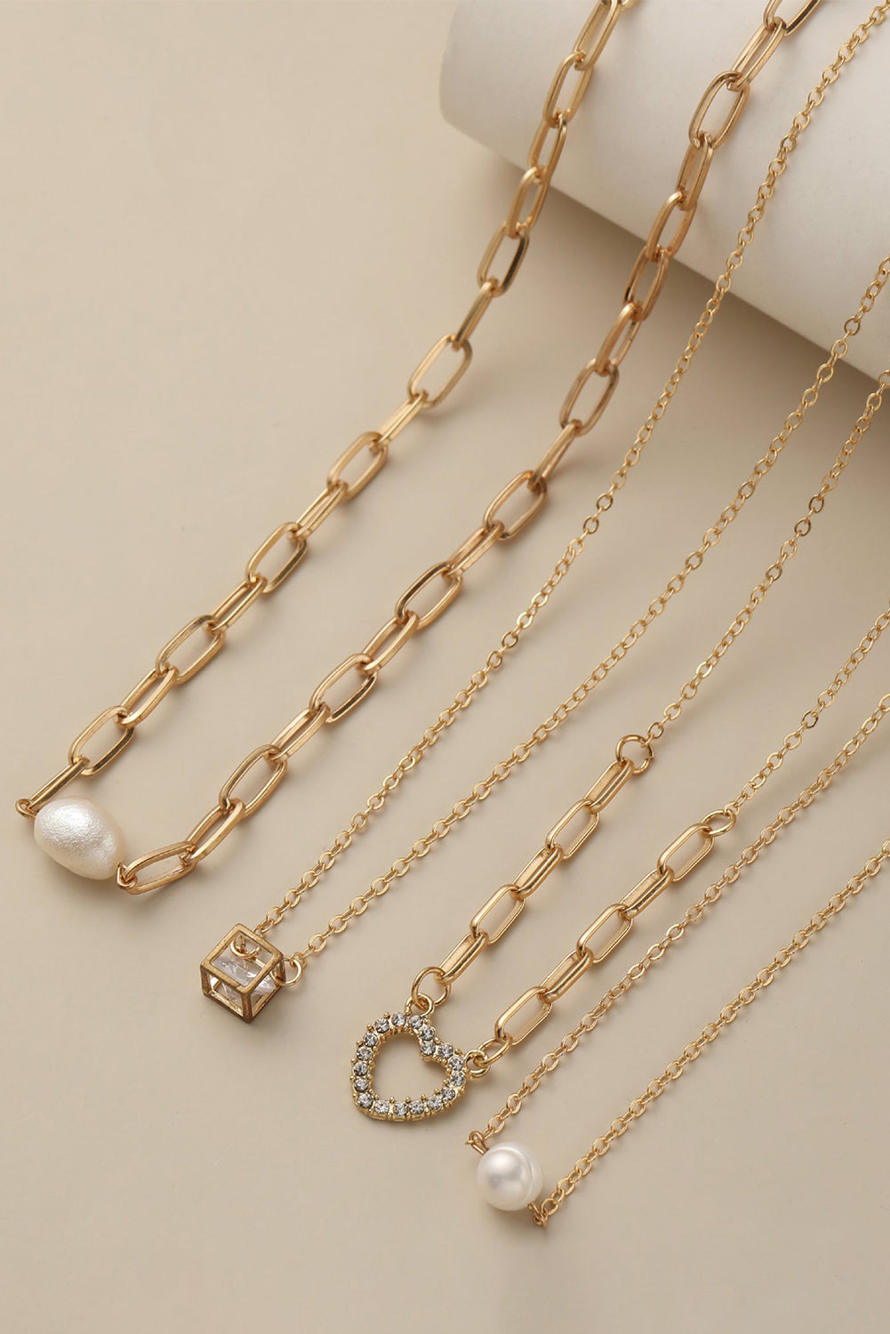 Gold 4pcs Pearl Cube Heart Pendant Plated Necklace Set