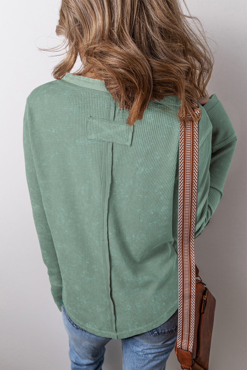 Smoke Green Acid Wash Waffle Knit Buttoned Neckline Long Sleeve Top