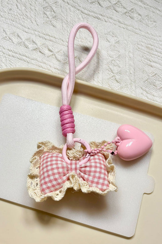 Pink Puffy Heart Crochet Trim Plaid Bow Rope Dangle Keychain Bag Accessory