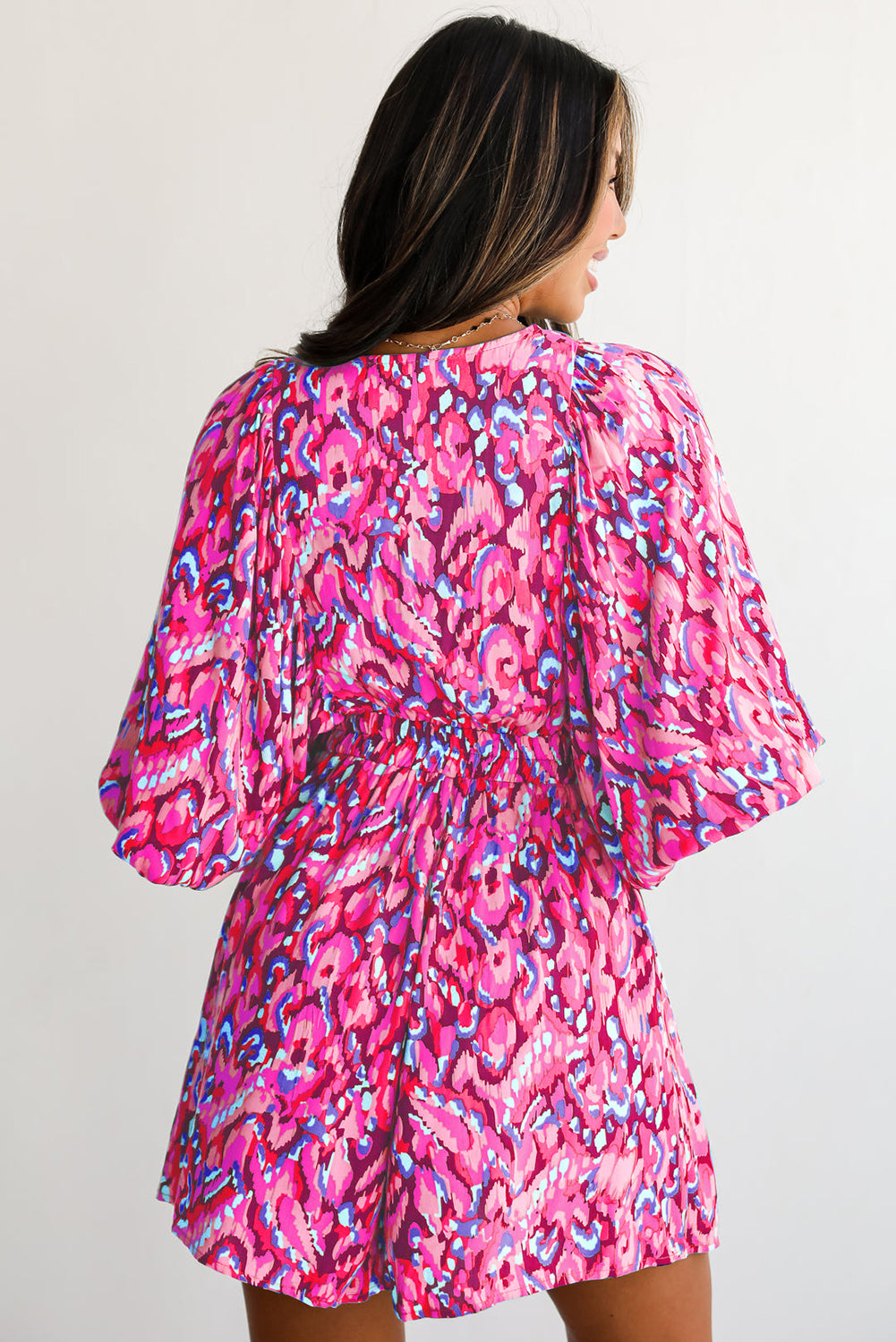 Pink Abstract Print Puff Sleeve V Neck High Waist Romper