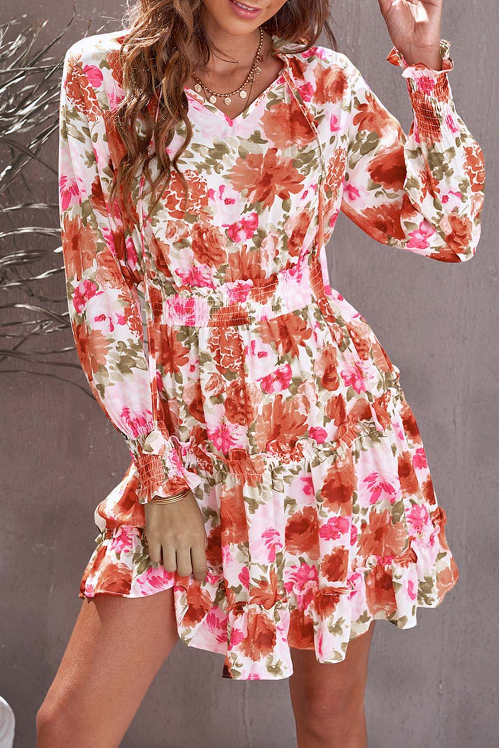 Multicolor Floral V Neck Long Sleeve Tie Waist Mini Dress