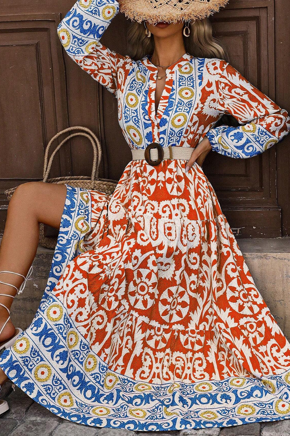 Orange Boho Geometric Printed Long Sleeve Maxi Dress Emmeline s Fashion