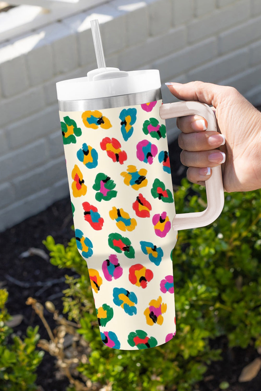 White Multi Color Leopard Print Handle Stainless Tumbler 40oz
