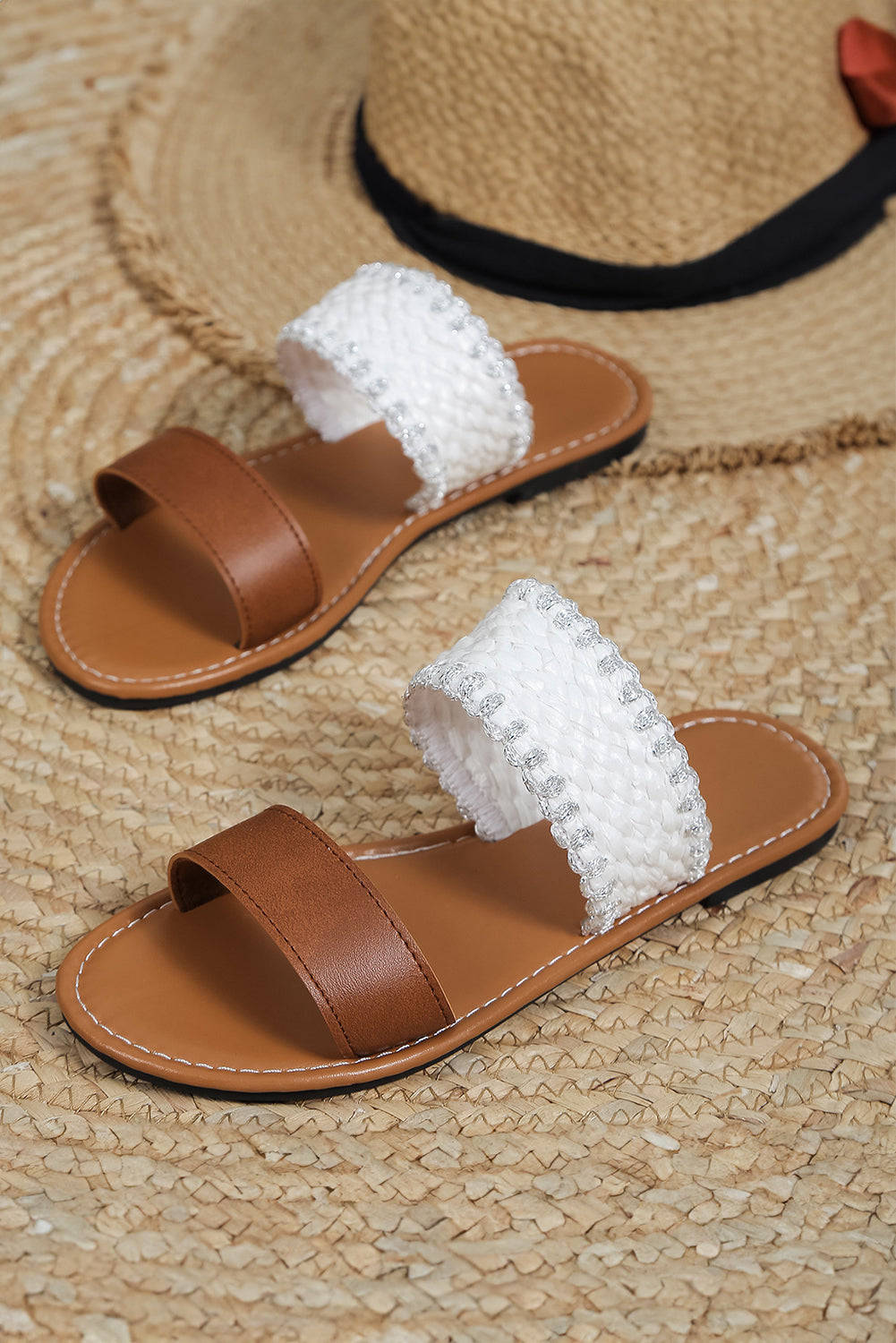 Chestnut Faux Leather Woven Strap Flat Slippers