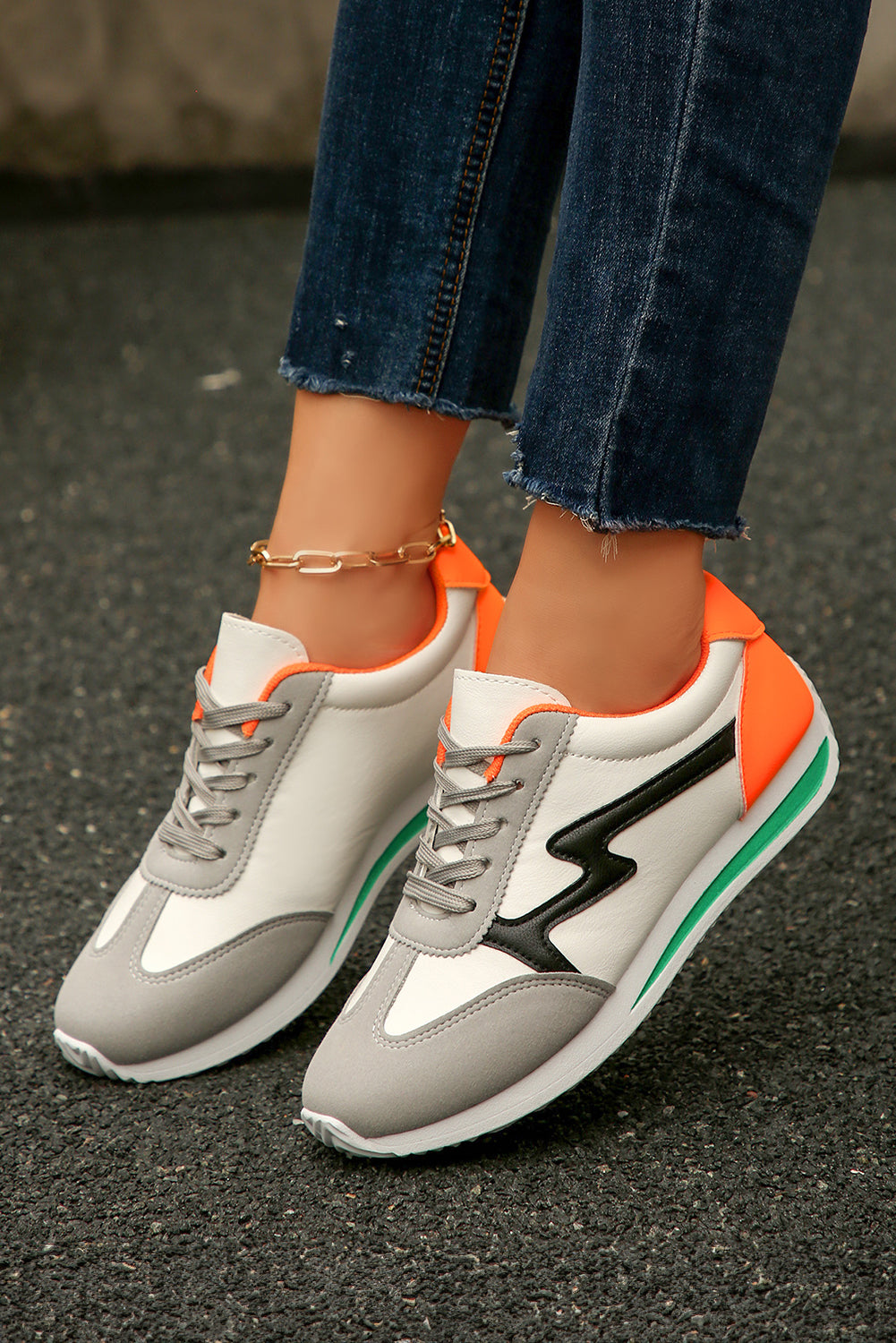 White PU Leather Color Block Patchwork Lace Up Sneakers
