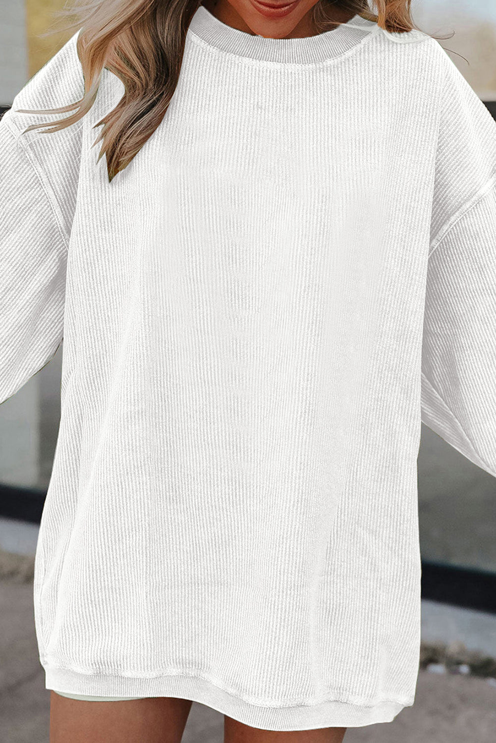 White Ribbed Corduroy Oversized Sweatshirt