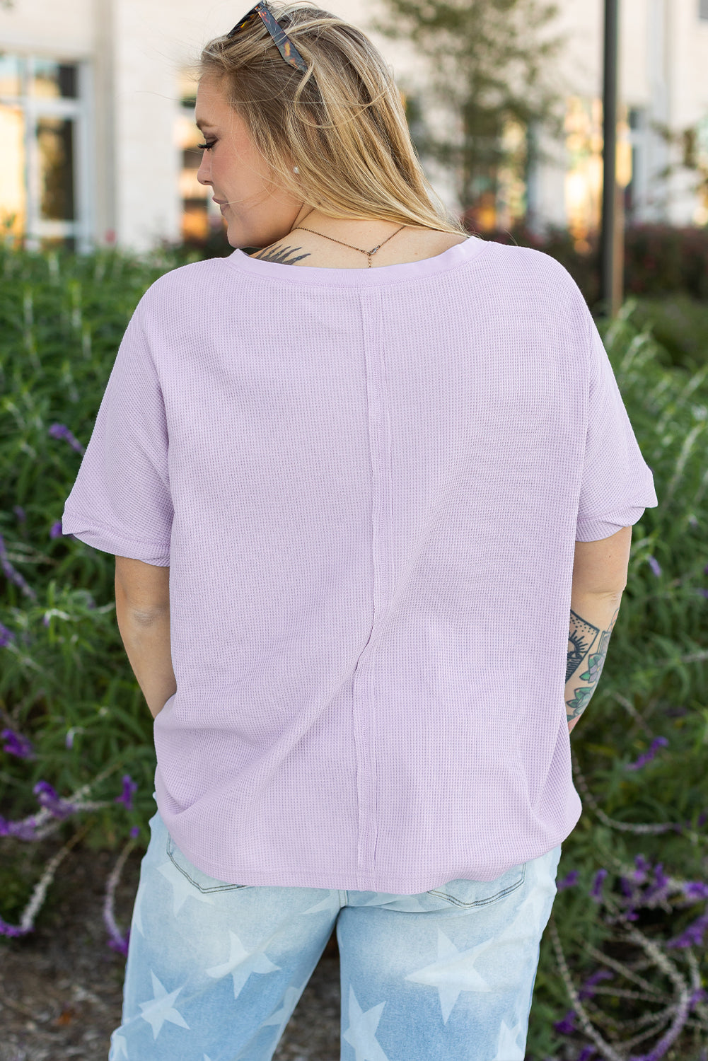 Orchid Petal Waffle Knit Short Sleeve Patched Pocket Plus Size Top