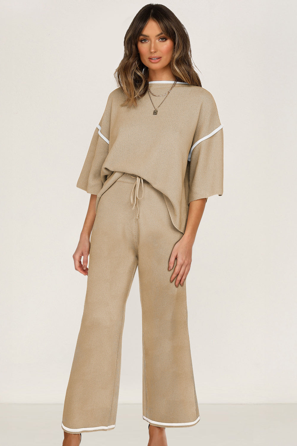 Camel Contrast Trim Half Sleeve Top Drawstring Pants Loose 2pcs Sweater Suit