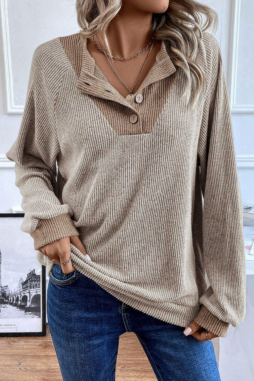 Jet Stream Color Contrast Ribbed Loose Fit Long Sleeve Top