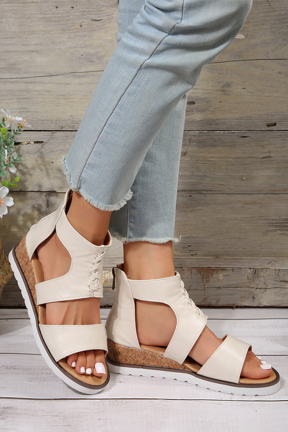 White Crisscross Detail Hollowed Leather Gladiator Sandals