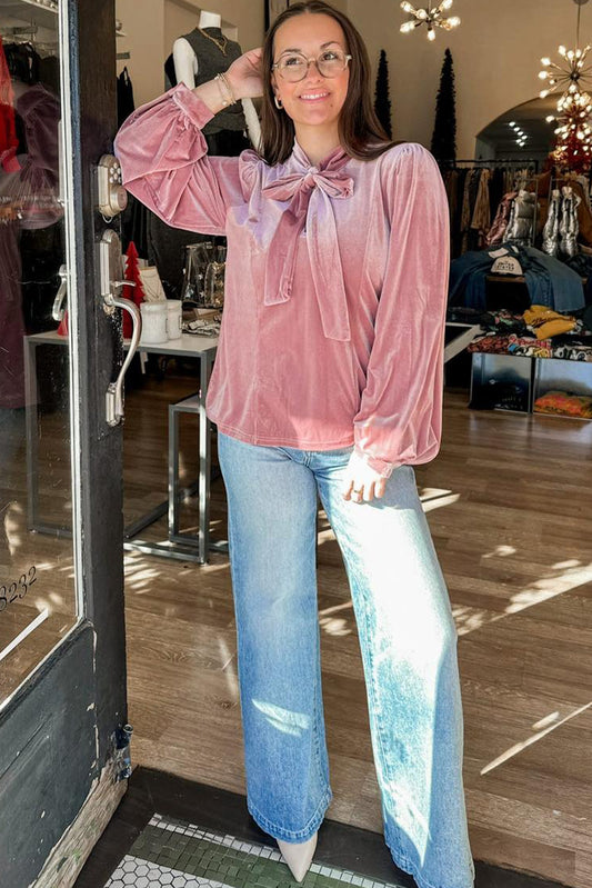 Fushia Solid Color Velvet Ribbon Bow Knot Long Sleeve Blouse
