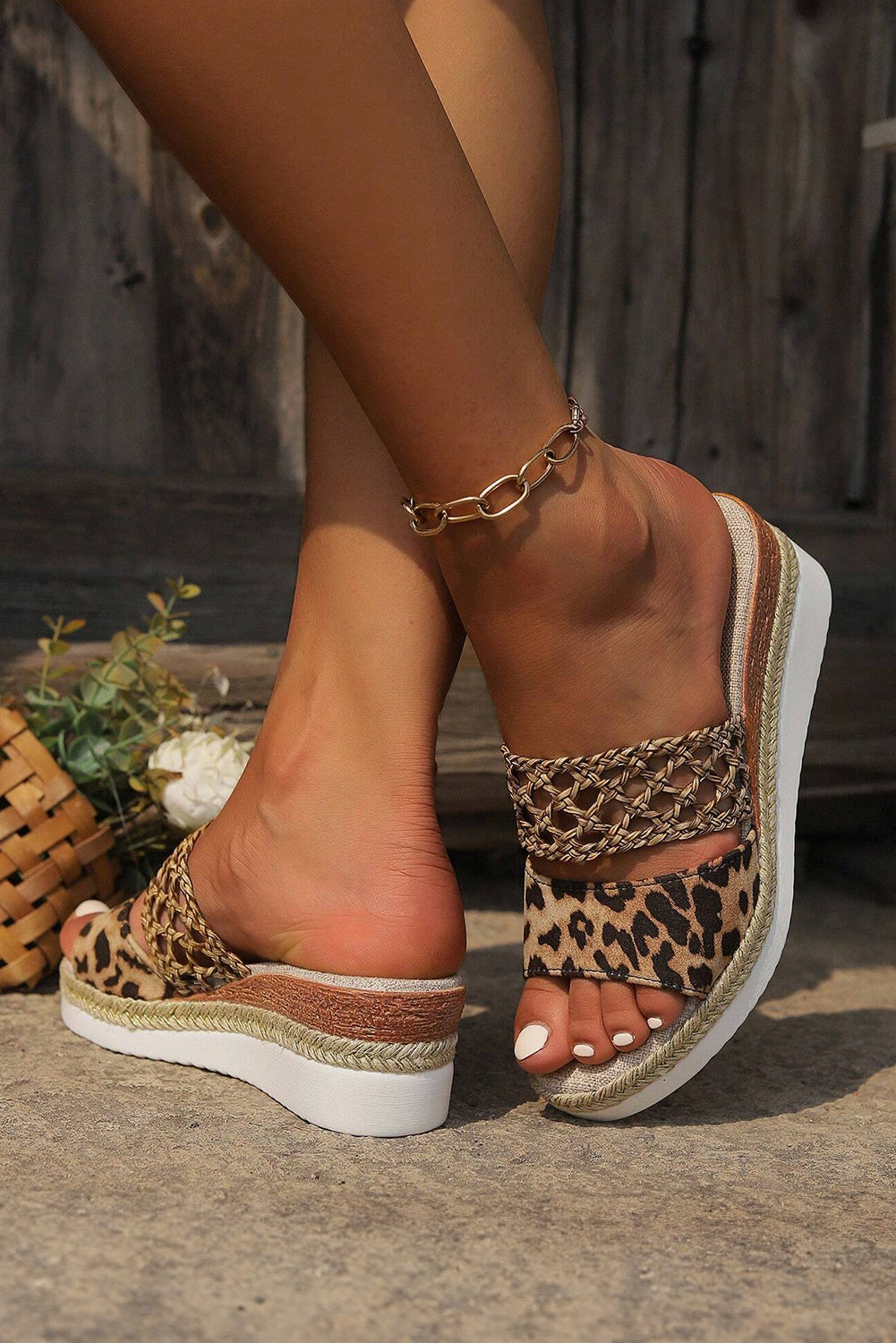 Chestnut Leopard Print Braided Details Wedge Slippers