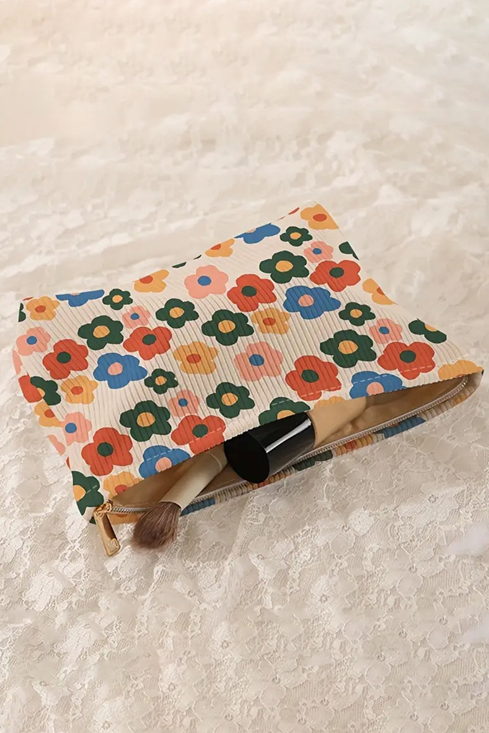 Red Colorful Flower Printed Rib Textured Cosmetic Bag