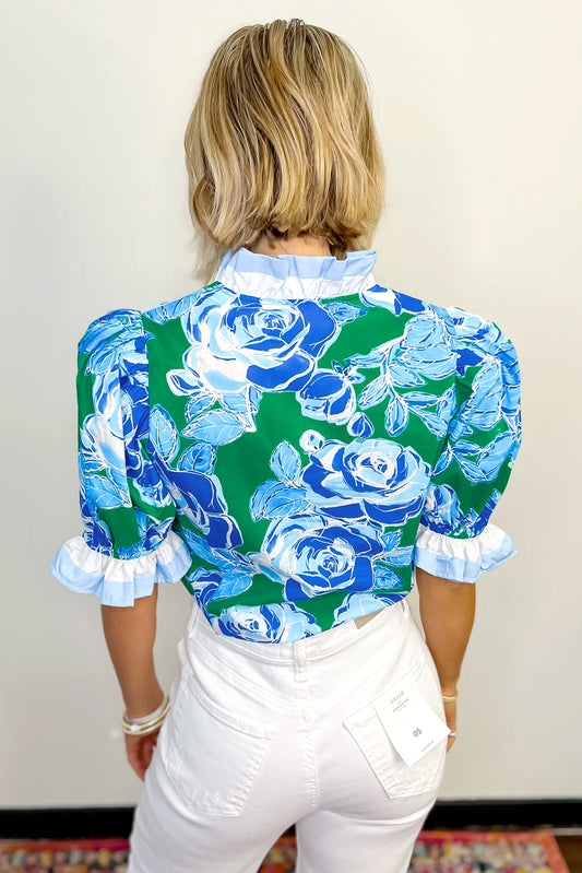 Bright Green Floral Frilled V Neck Short Sleeve Blouse Top