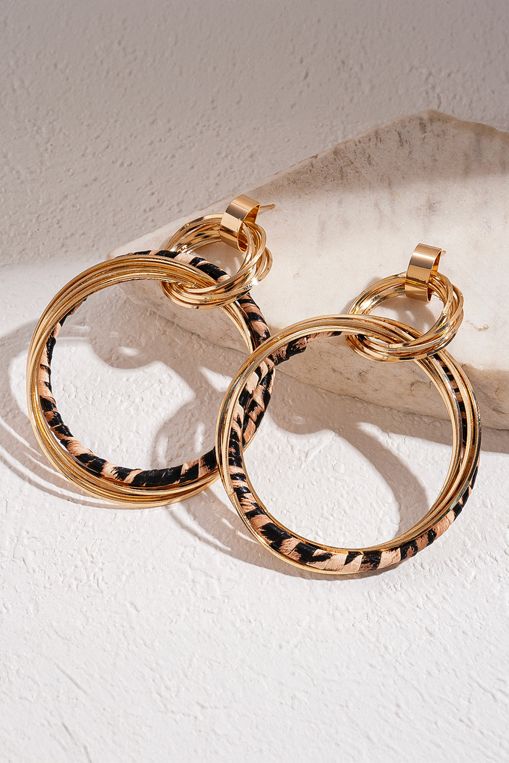 Gold Multi Hoop Leopard Detail Boho Fashion Earrings