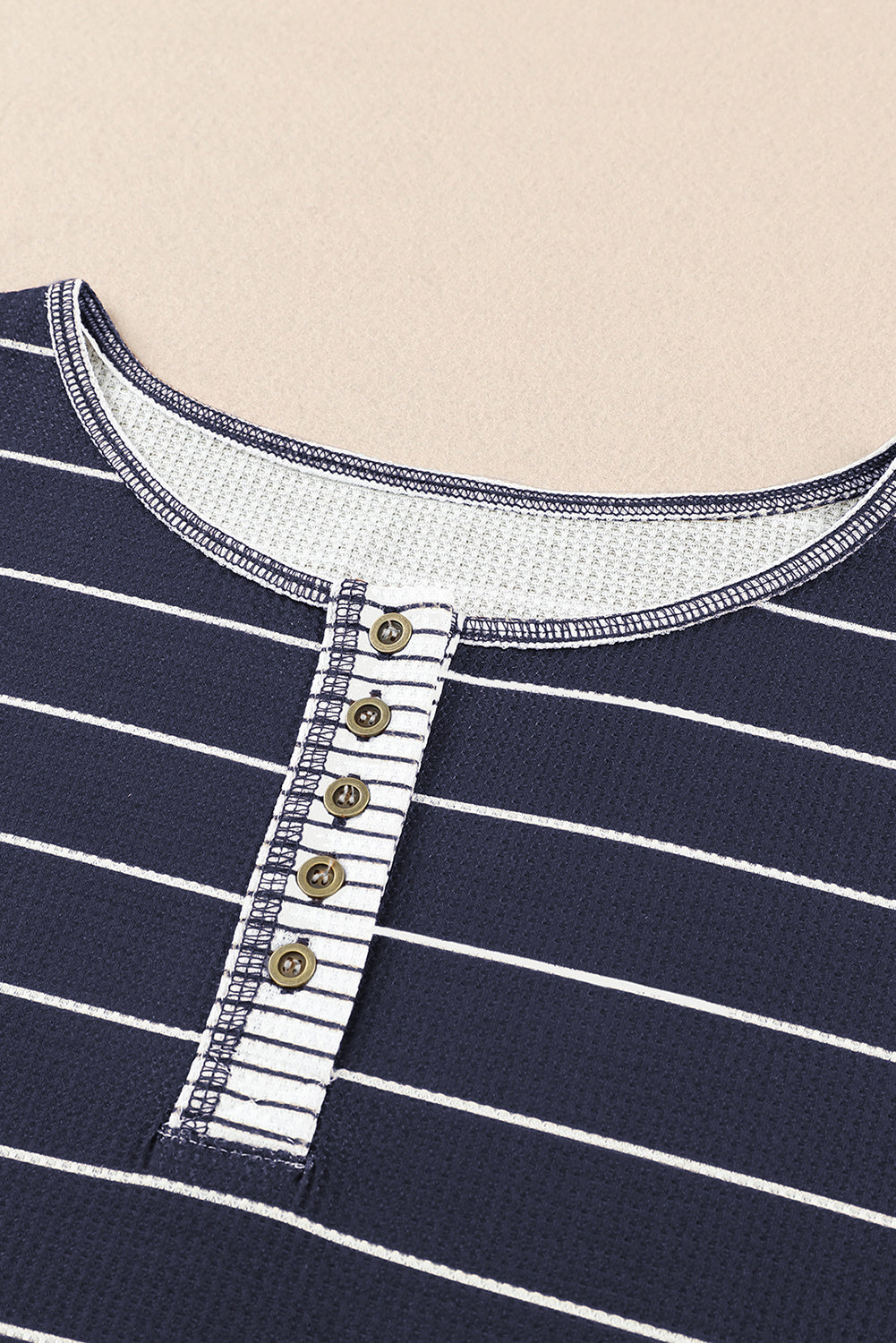 Navy Blue Striped Color Block Buttoned Waffle Knit Shirt