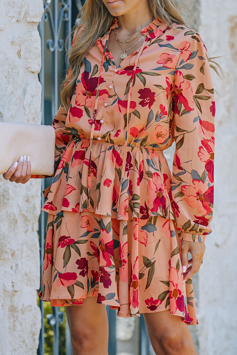 Fiery Red Frilled Collar Long Sleeve Floral Dress with Ruffle