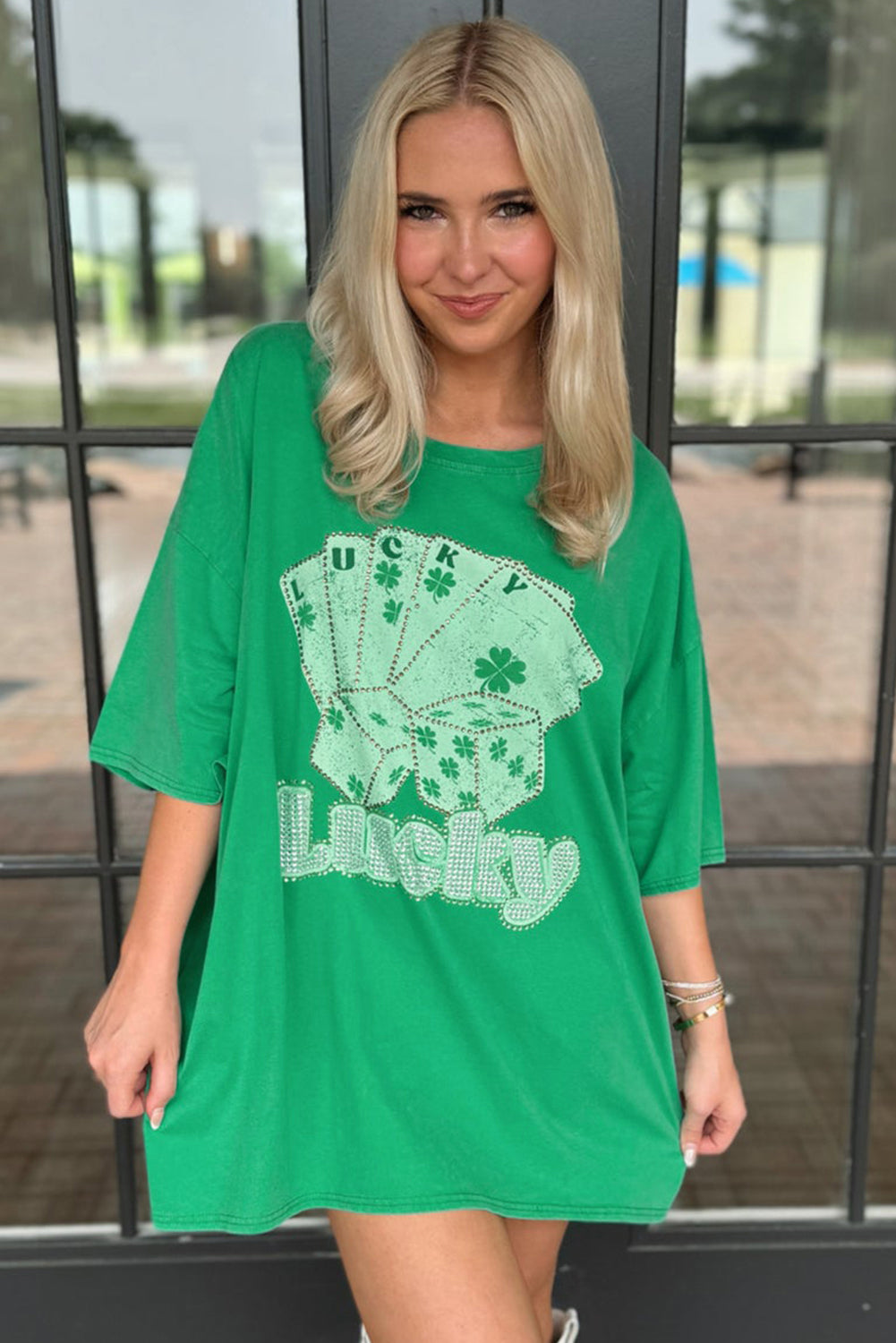 Bright Green Rhinestone Lucky Poker Cards Oversized T Shirt Mini Dress