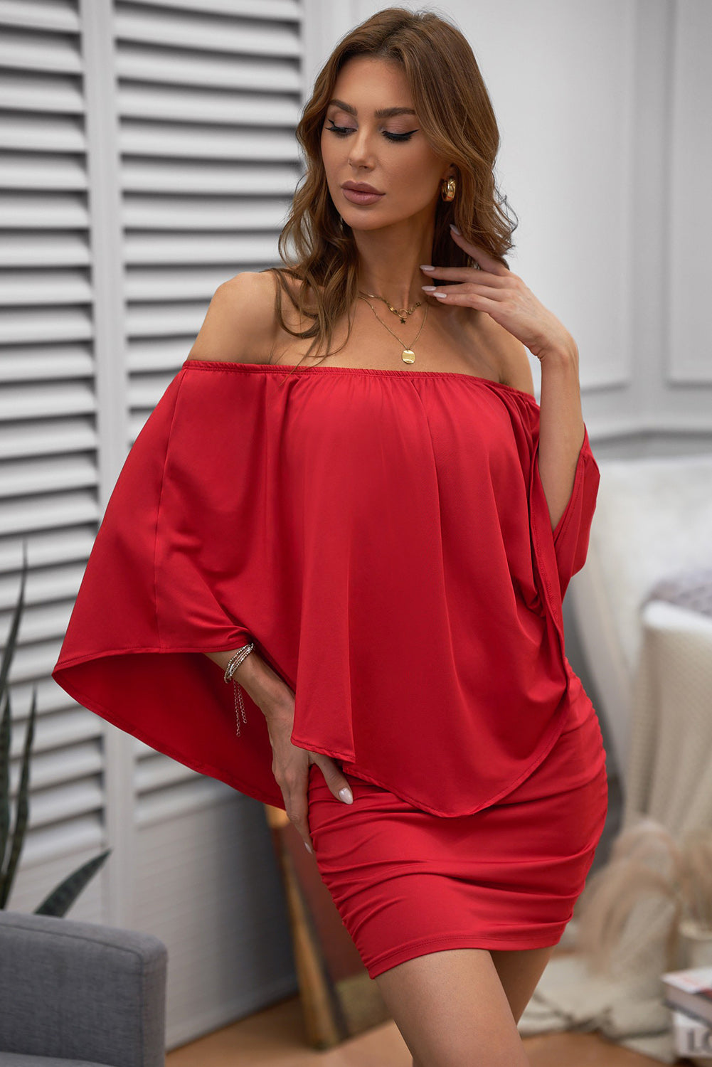 Multiple Dressing Layered Fiery Red Mini Poncho Dress