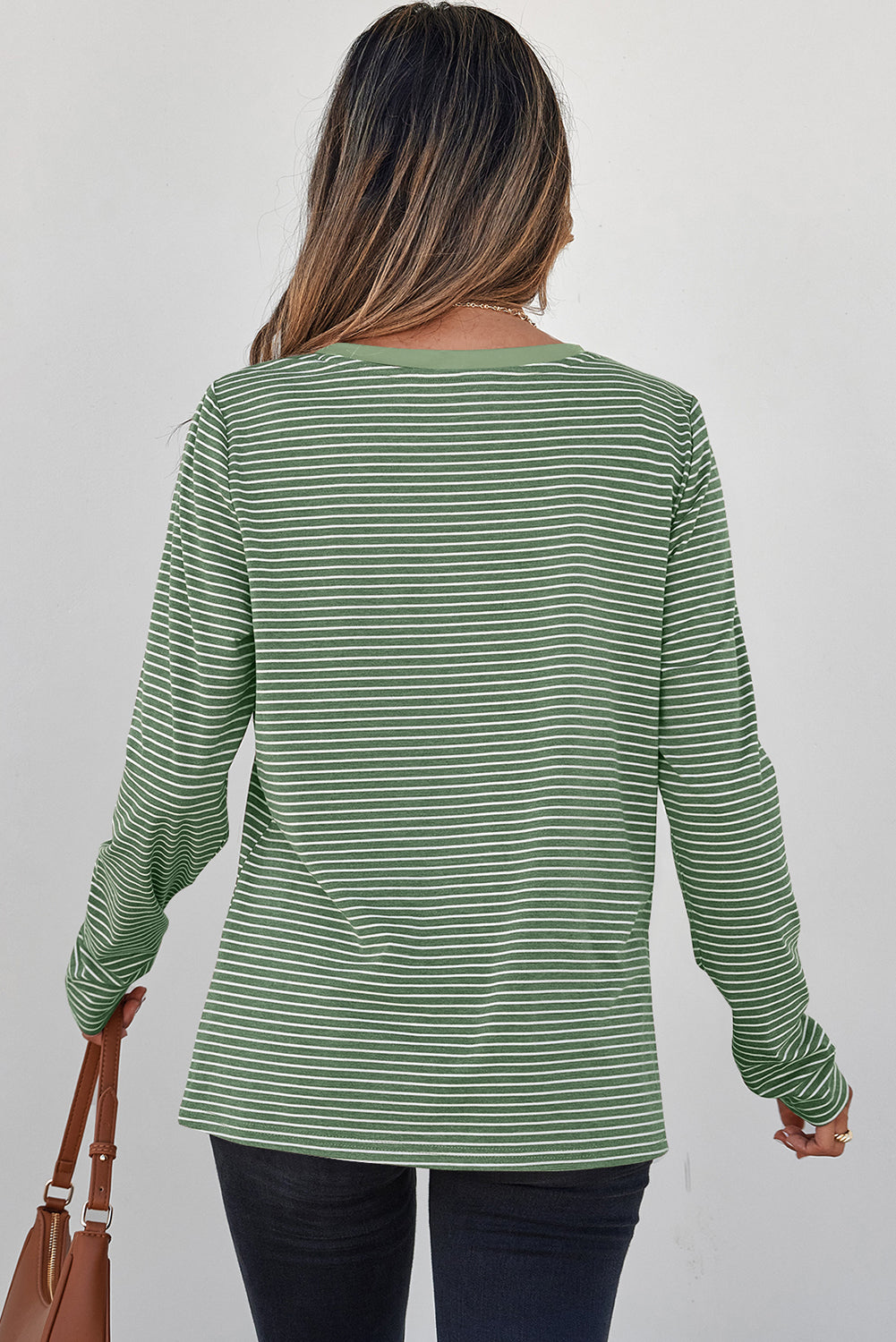 Green Stripe V Neck Stretchy Long Sleeve Top