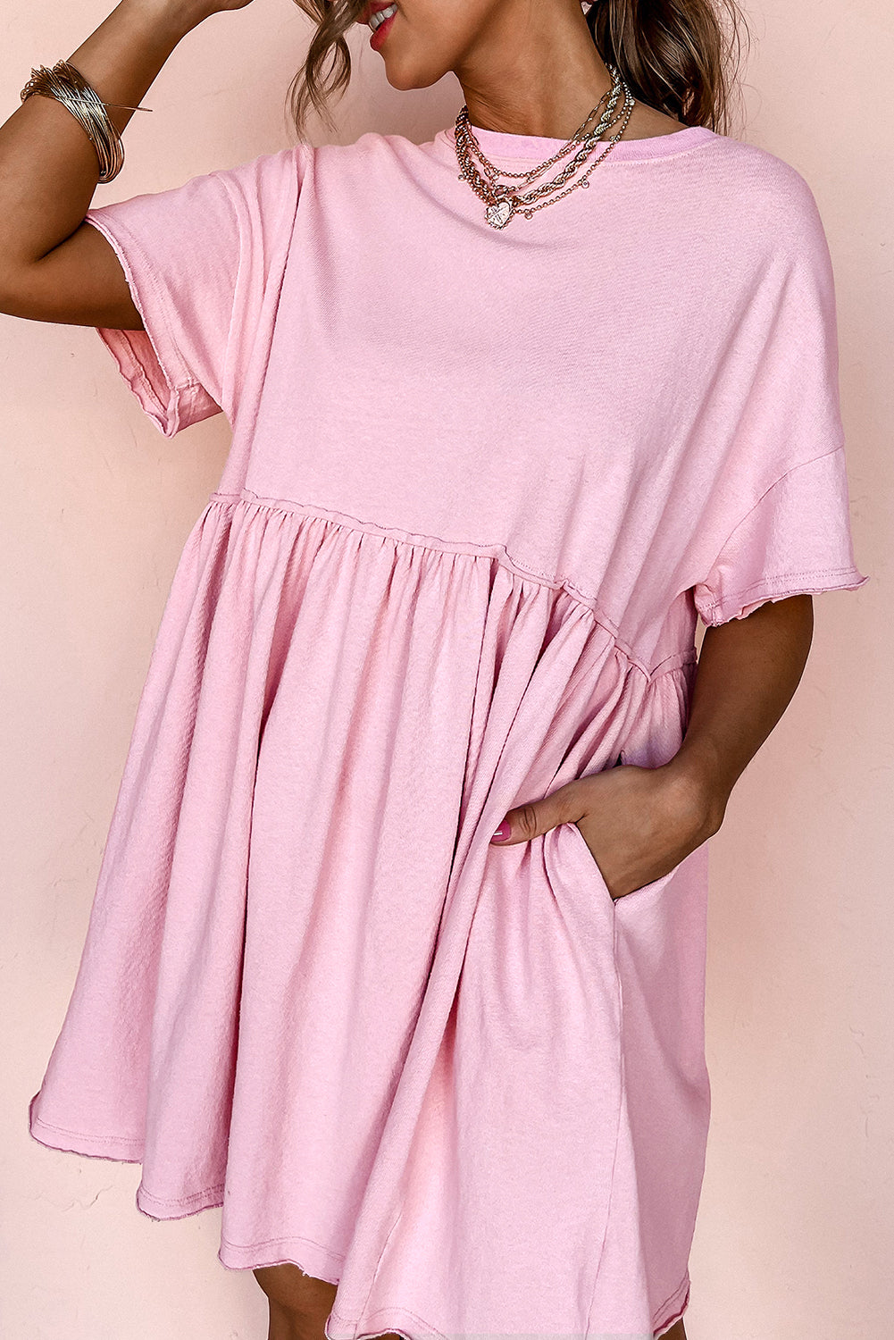 Light Pink Solid Color Pocketed Raw Edge Babydoll Dress